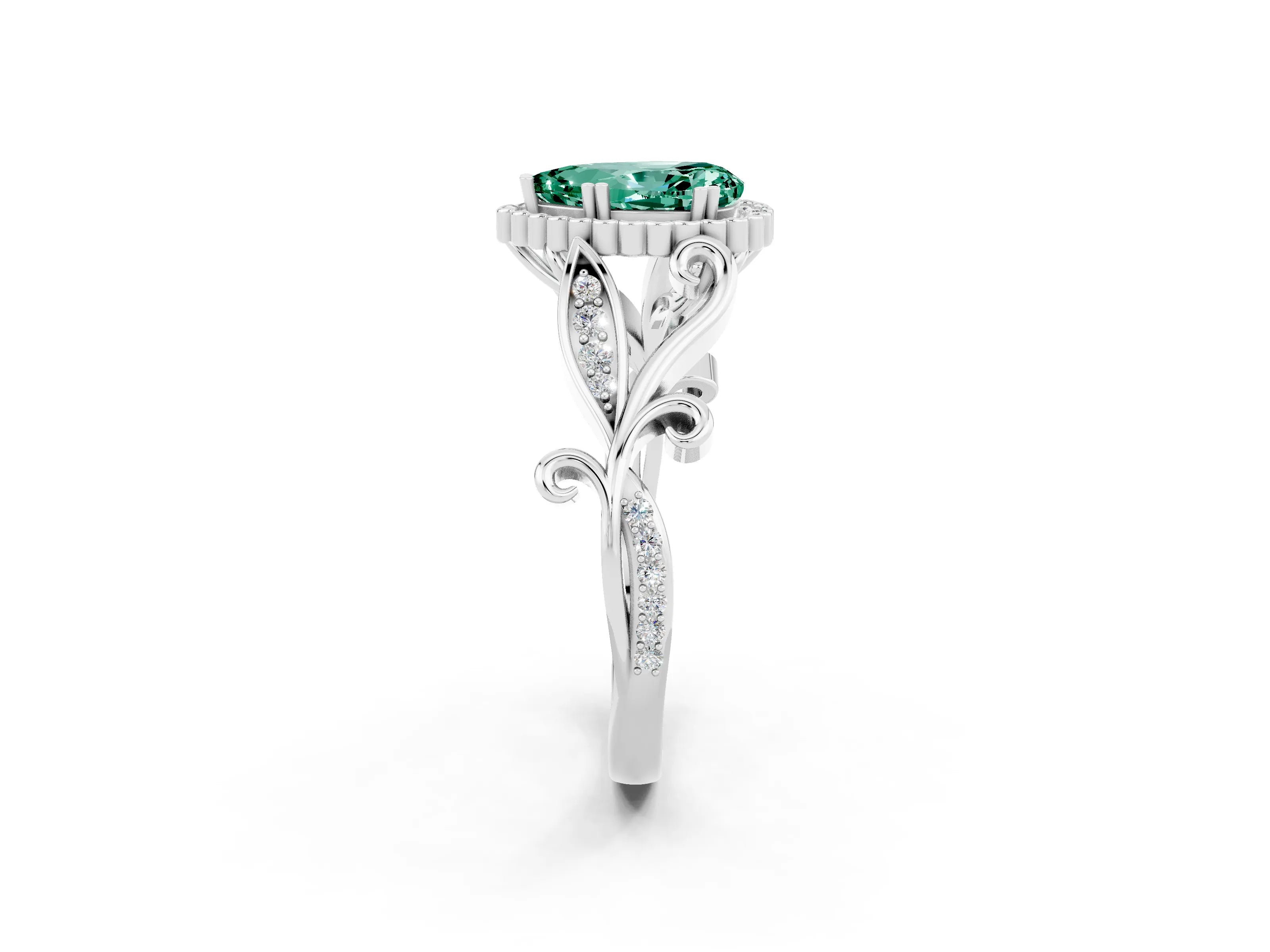 White gold Pear Cut Green Sapphire Halo Ring with Vintage Split Shank and Four-Prong Setting_2