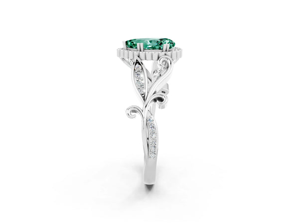 Silver Pear Cut Green Sapphire Halo Ring with Vintage Split Shank and Four-Prong Setting