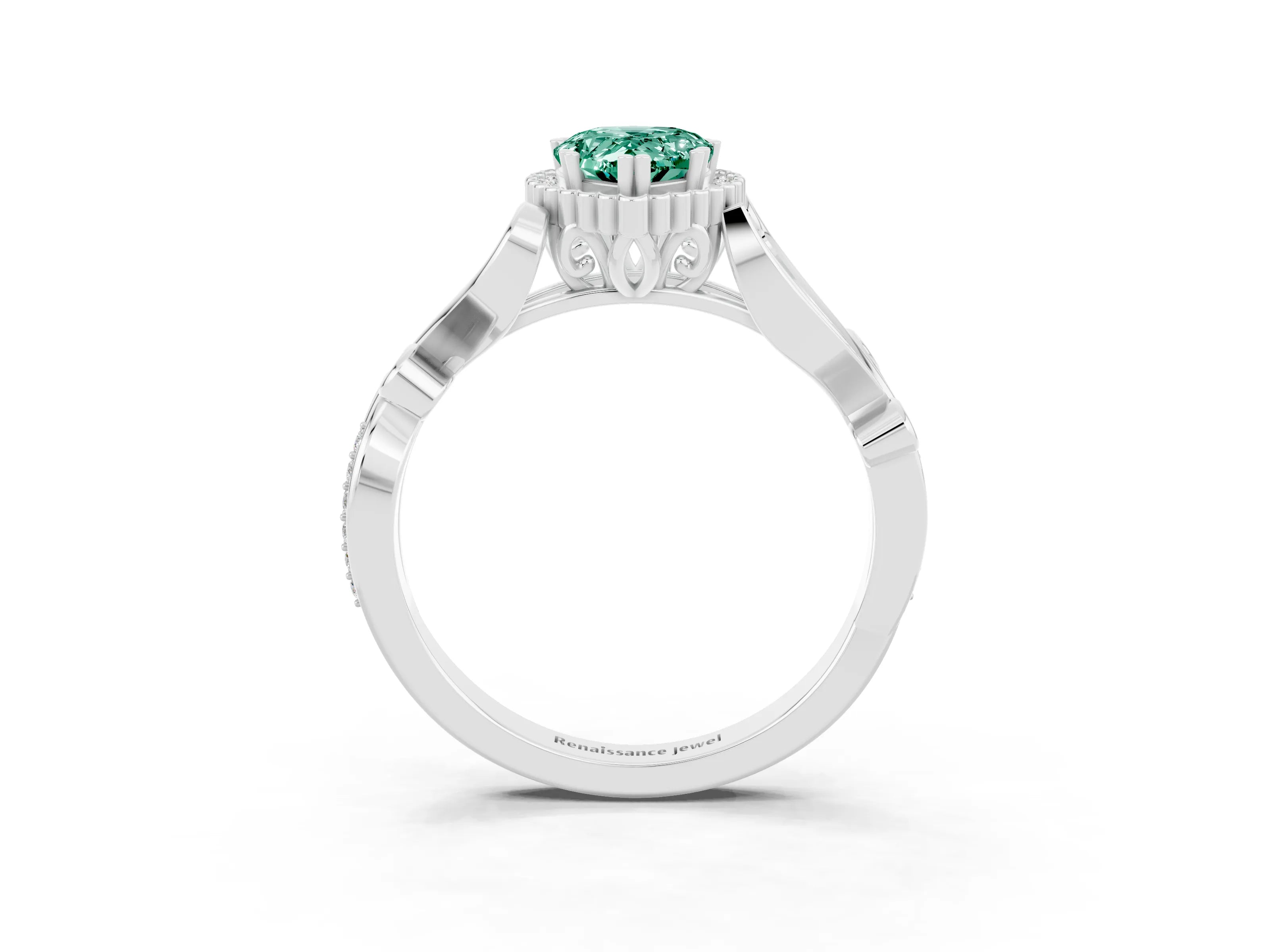 White gold Pear Cut Green Sapphire Halo Ring with Vintage Split Shank and Four-Prong Setting_3