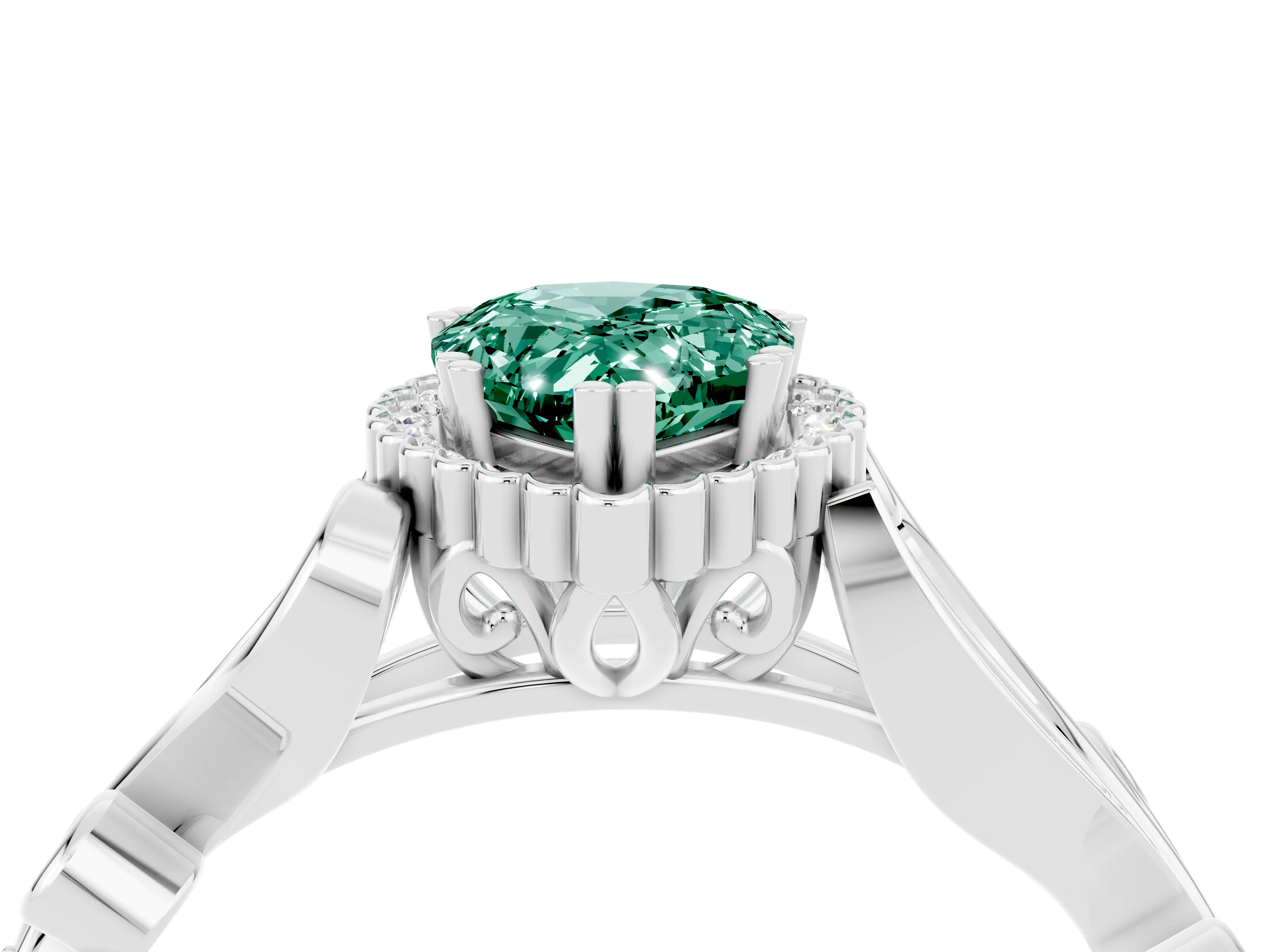 White gold Pear Cut Green Sapphire Halo Ring with Vintage Split Shank and Four-Prong Setting_4