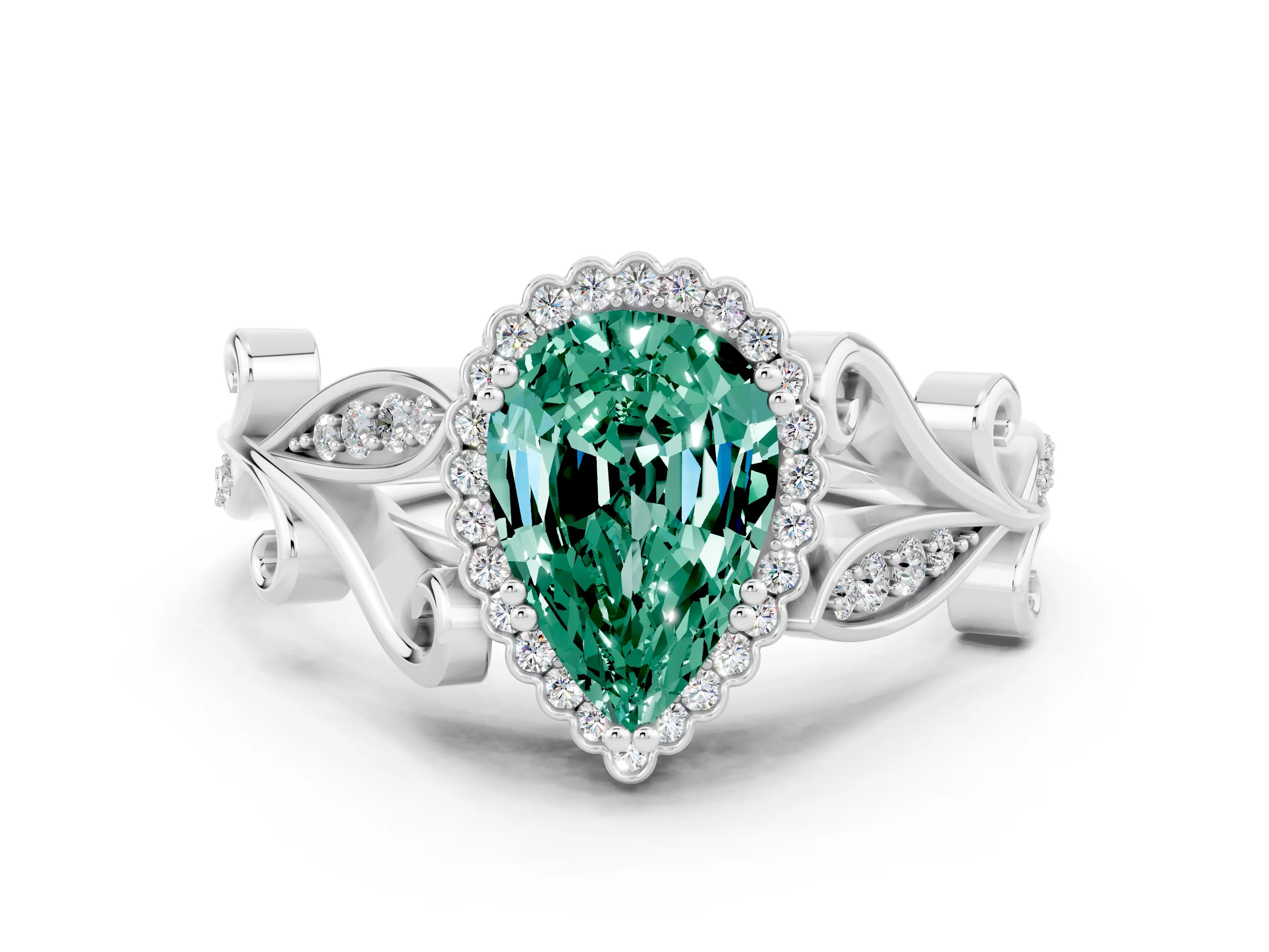 White gold Pear Cut Green Sapphire Halo Ring with Vintage Split Shank and Four-Prong Setting