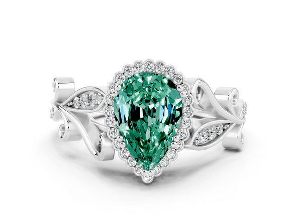 White gold Pear Cut Green Sapphire Halo Ring with Vintage Split Shank and Four-Prong Setting