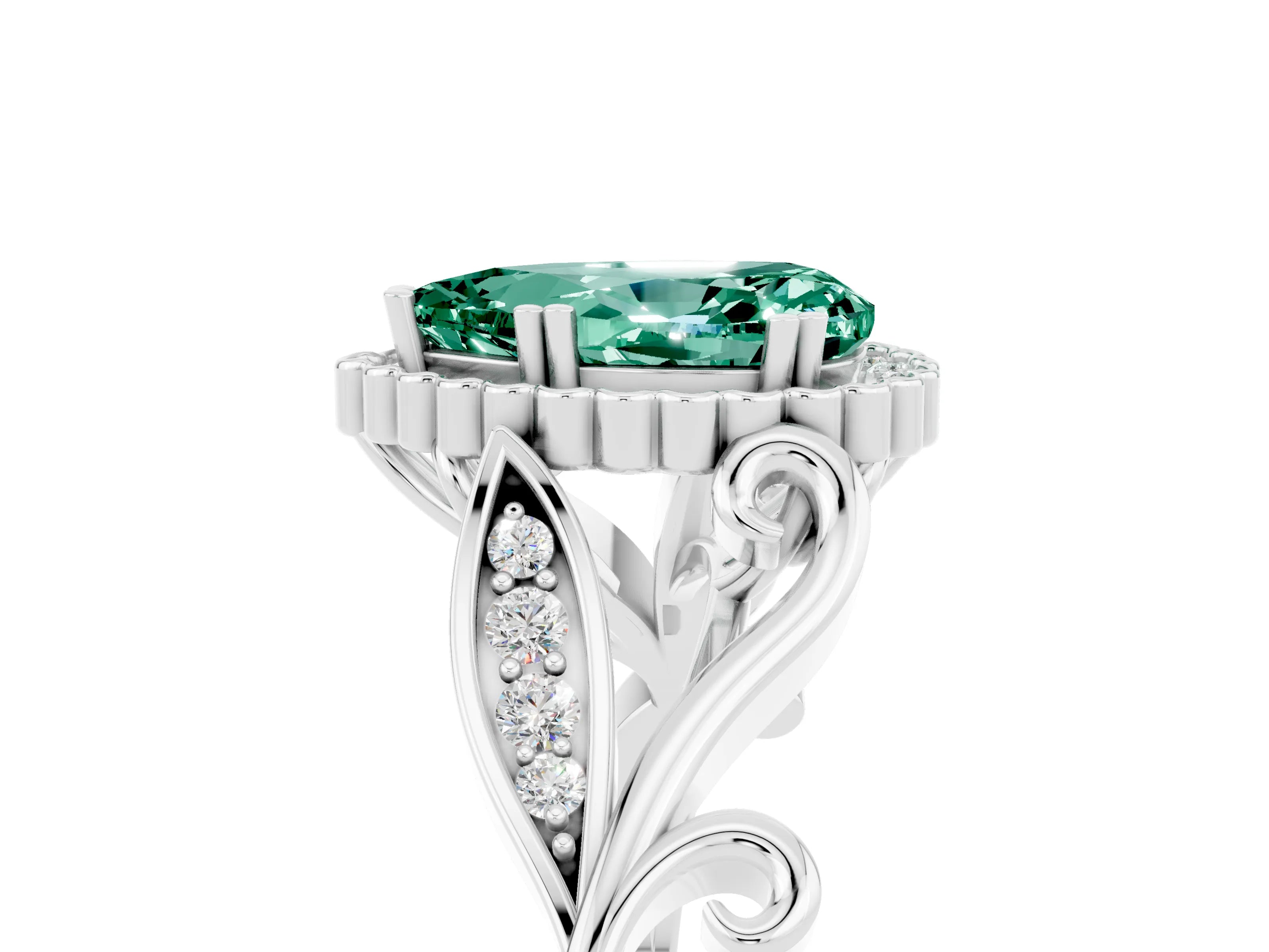 White gold Pear Cut Green Sapphire Halo Ring with Vintage Split Shank and Four-Prong Setting_5
