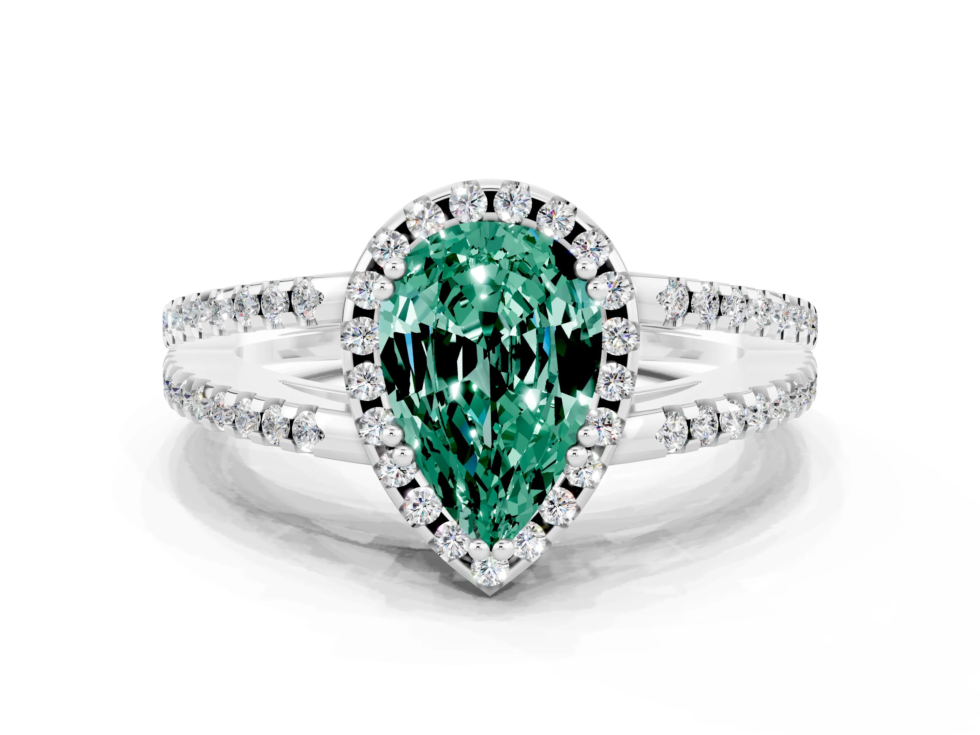 White gold Pear Cut Green Sapphire Halo Split Shank Engagement Ring_12