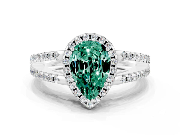 Silver Pear Cut Green Sapphire Halo Split Shank Engagement Ring