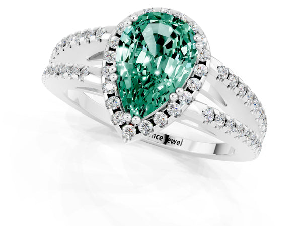 Silver Pear Cut Green Sapphire Halo Split Shank Engagement Ring
