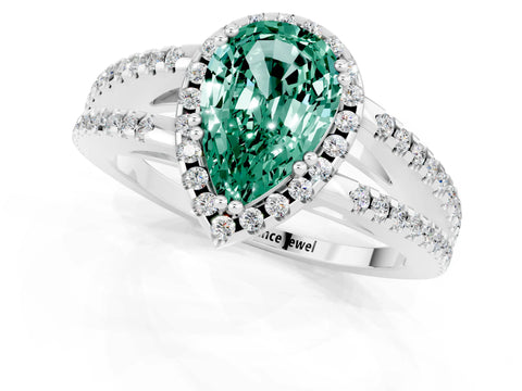 White gold Pear Cut Green Sapphire Halo Split Shank Engagement Ring_13