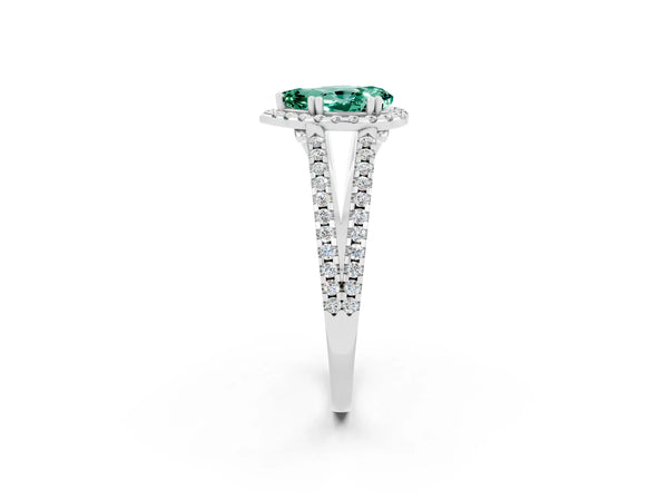 Silver Pear Cut Green Sapphire Halo Split Shank Engagement Ring