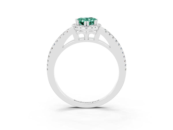 Platinum Pear Cut Green Sapphire Halo Split Shank Engagement Ring