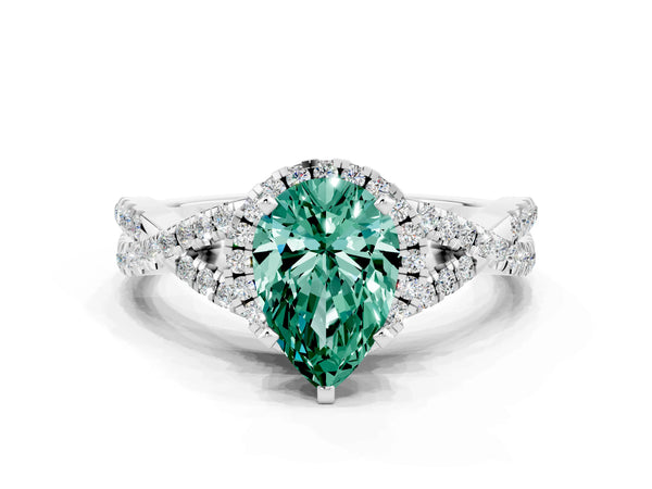 Platinum Pear Cut Green Sapphire  Halo Twist Band Solitaire Prong Setting Ring