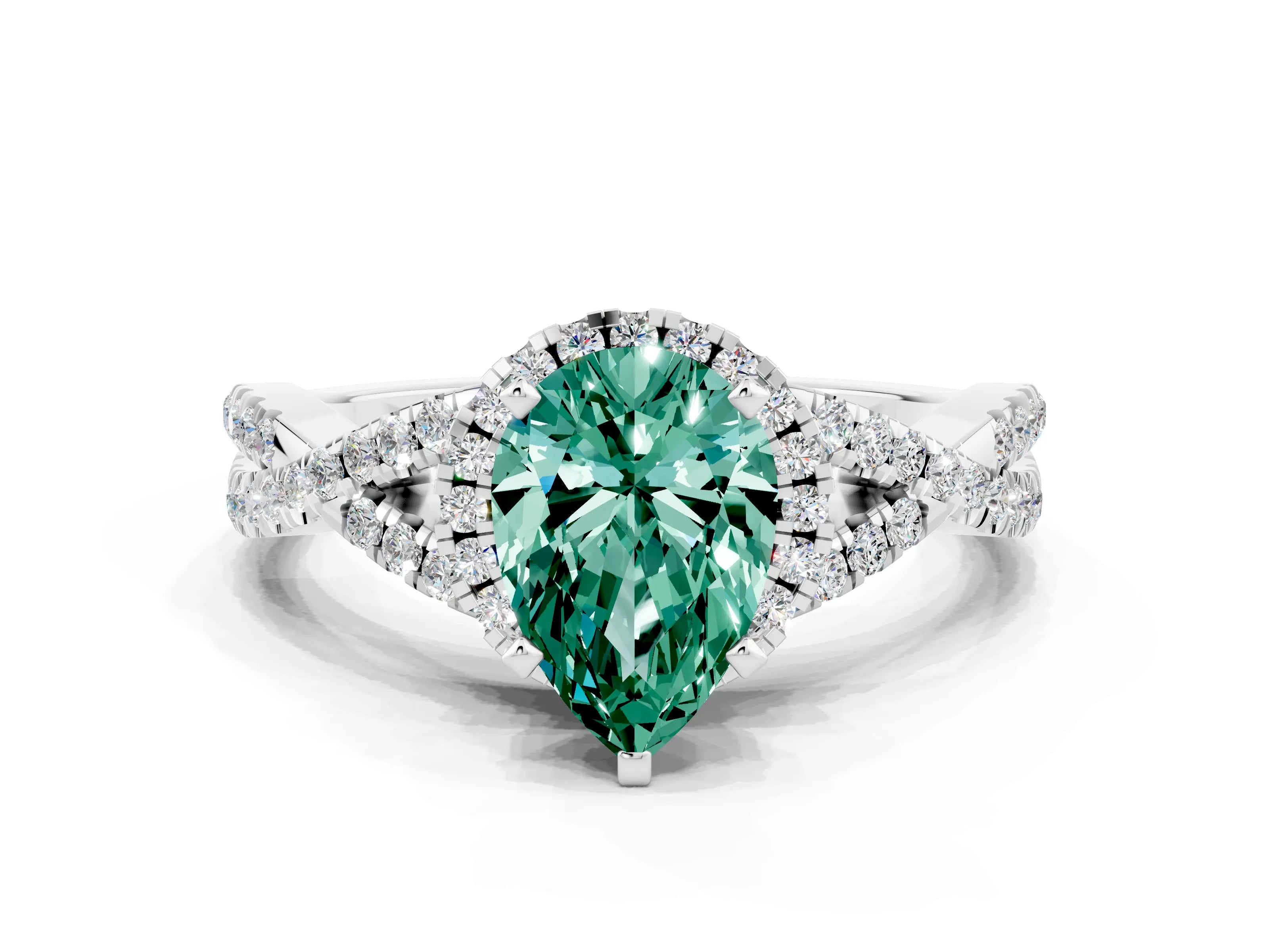 White gold Pear Cut Green Sapphire Halo Twist Band Solitaire Prong Setting Ring