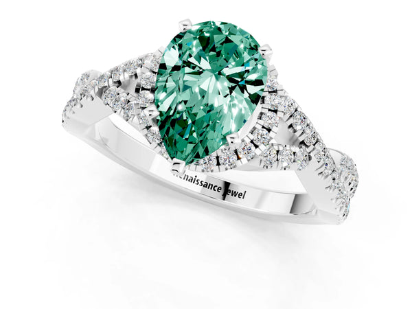 Platinum Pear Cut Green Sapphire  Halo Twist Band Solitaire Prong Setting Ring