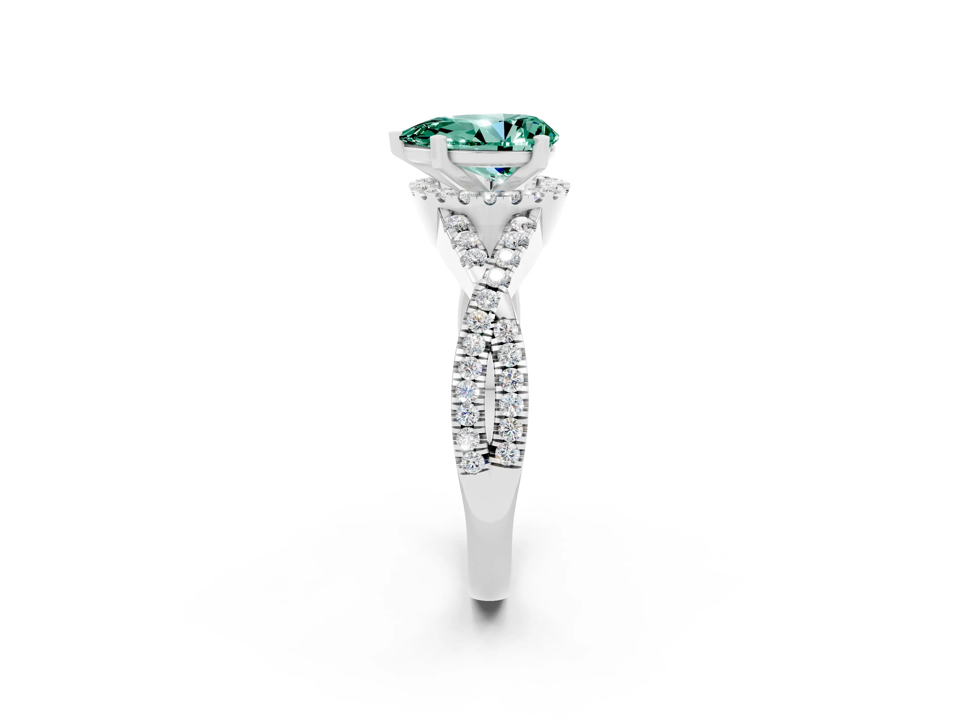 White gold Pear Cut Green Sapphire Halo Twist Band Solitaire Prong Setting Ring_2