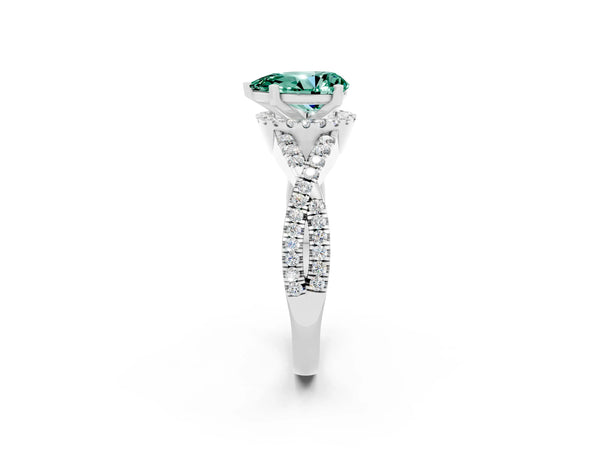 White gold Pear Cut Green Sapphire  Halo Twist Band Solitaire Prong Setting Ring