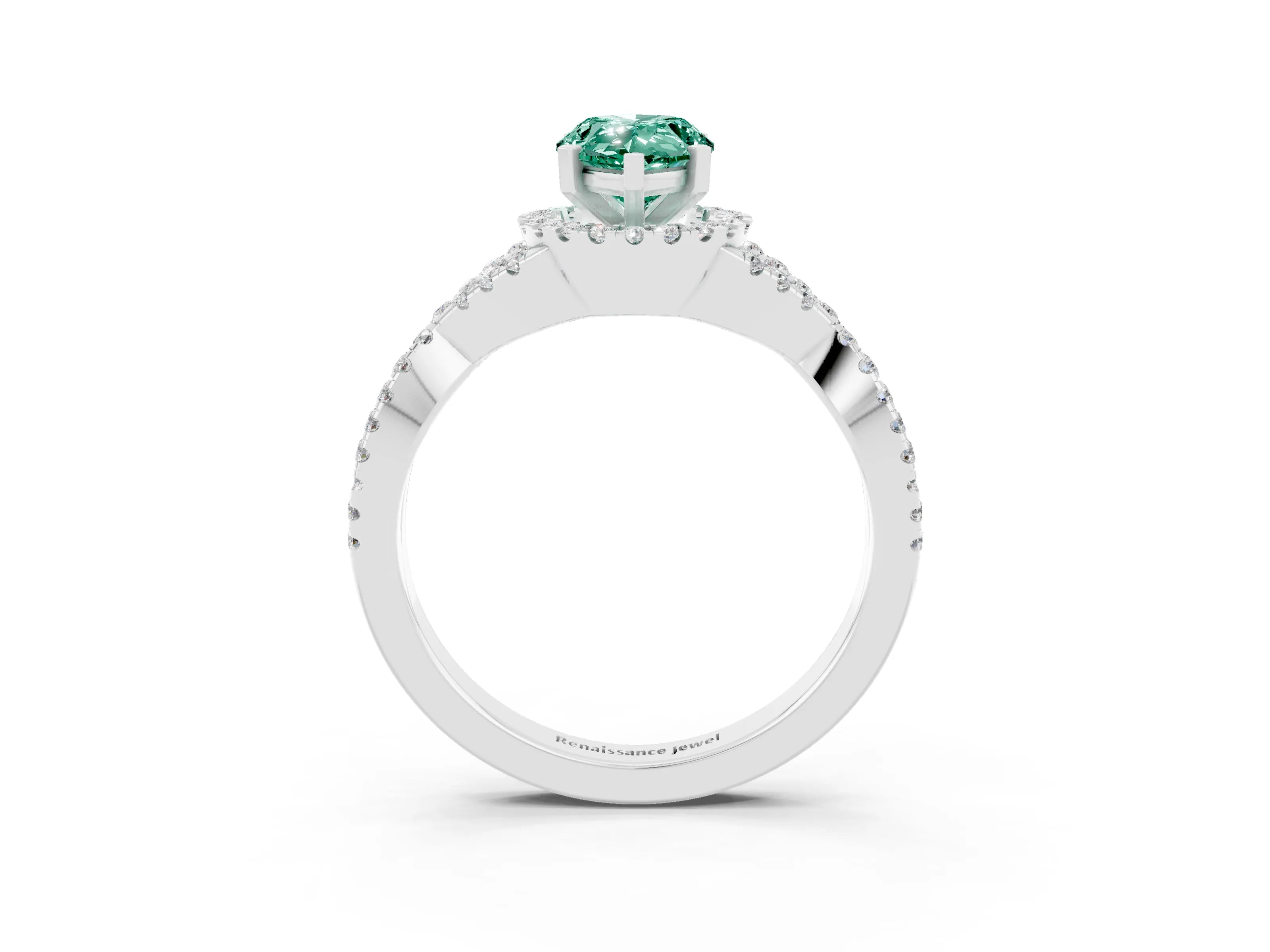 White gold Pear Cut Green Sapphire Halo Twist Band Solitaire Prong Setting Ring_3