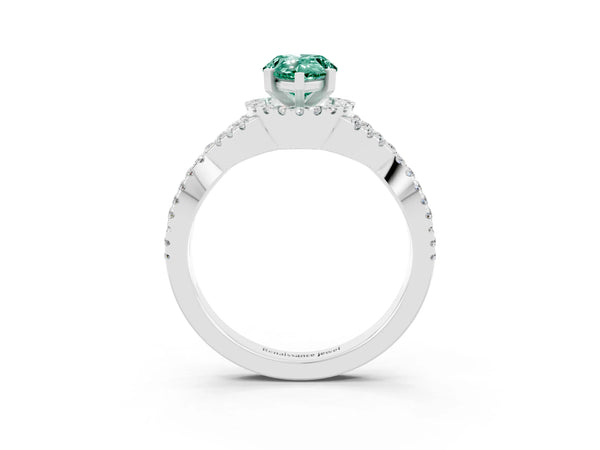 White gold Pear Cut Green Sapphire  Halo Twist Band Solitaire Prong Setting Ring