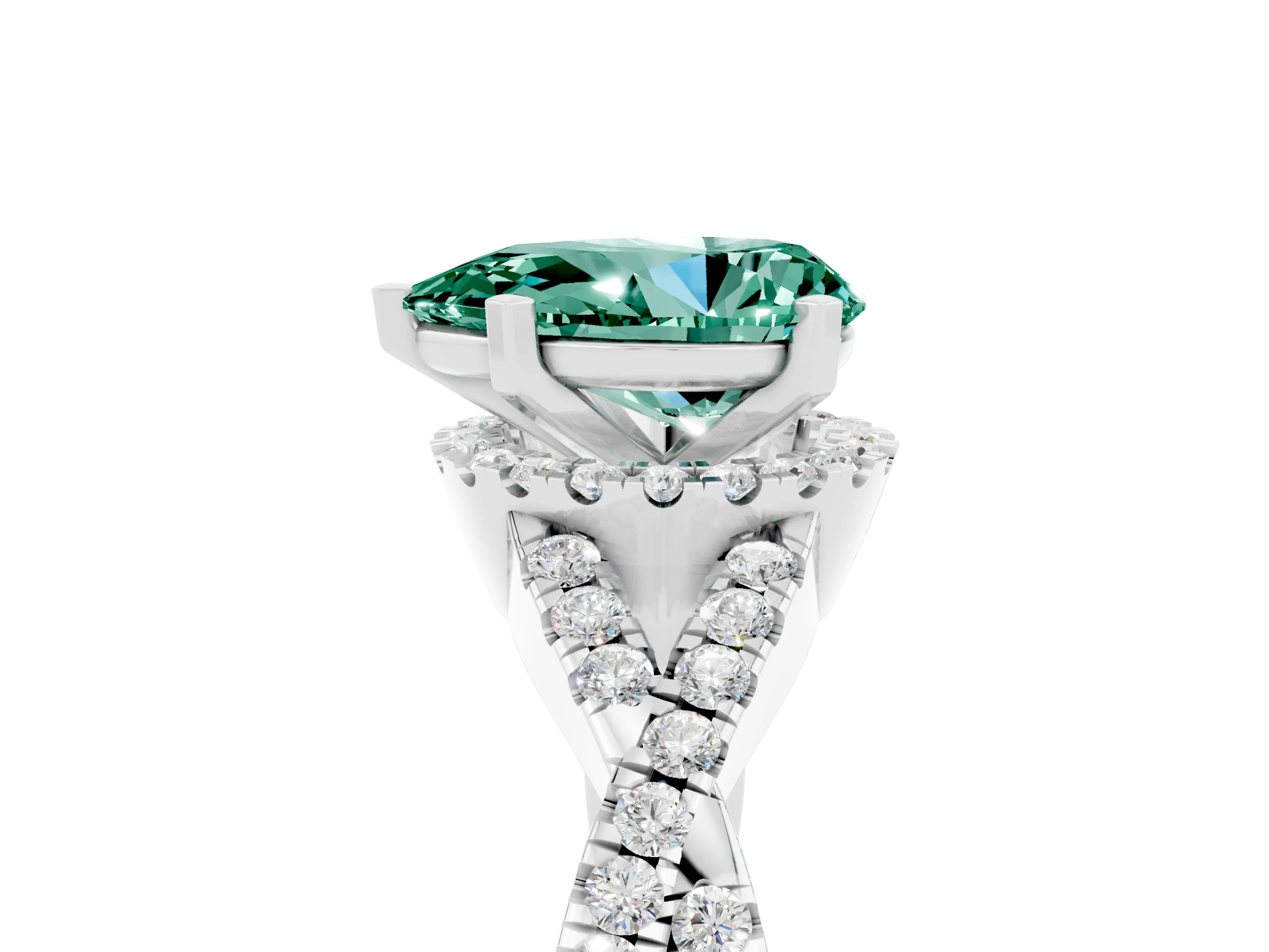 White gold Pear Cut Green Sapphire Halo Twist Band Solitaire Prong Setting Ring_5