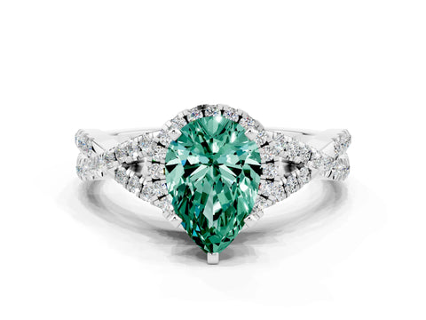 White gold Pear Cut Green Sapphire Halo Twist Band Solitaire Prong Setting Ring