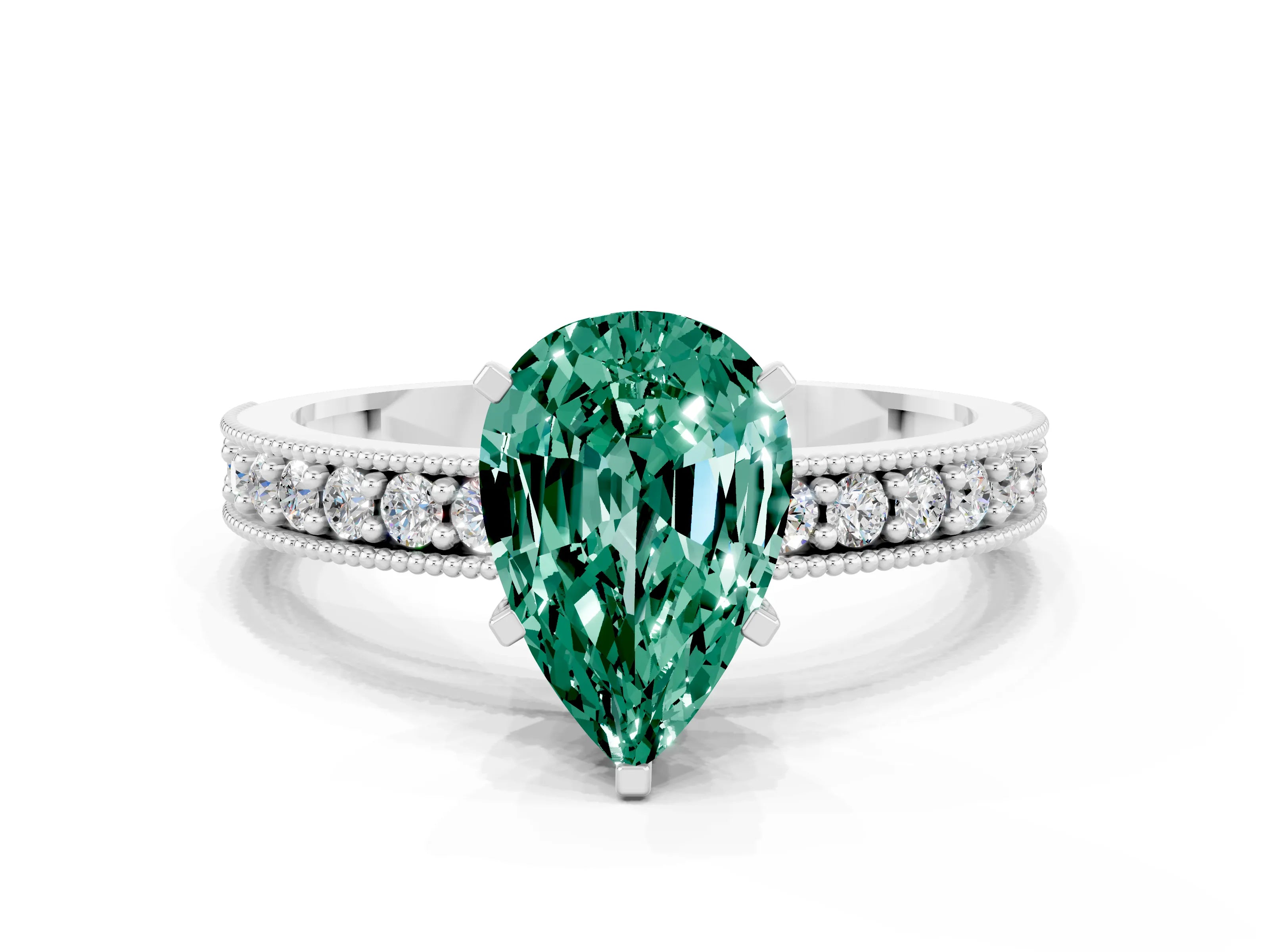 White gold Pear Cut Green Sapphire Milgrain Pavé Engagement Ring with Four-Prong Setting