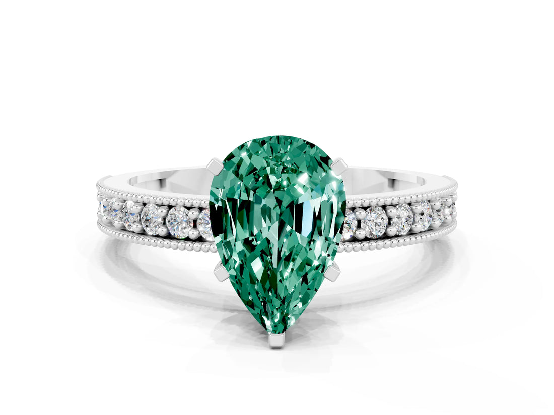 White gold Pear Cut Green Sapphire Milgrain Pavé Engagement Ring with Four-Prong Setting