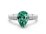 White gold Pear Cut Green Sapphire Milgrain Pavé Engagement Ring with Four-Prong Setting