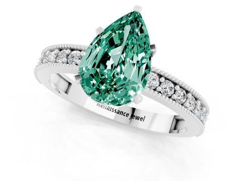 White gold Pear Cut Green Sapphire Milgrain Pavé Engagement Ring with Four-Prong Setting_1