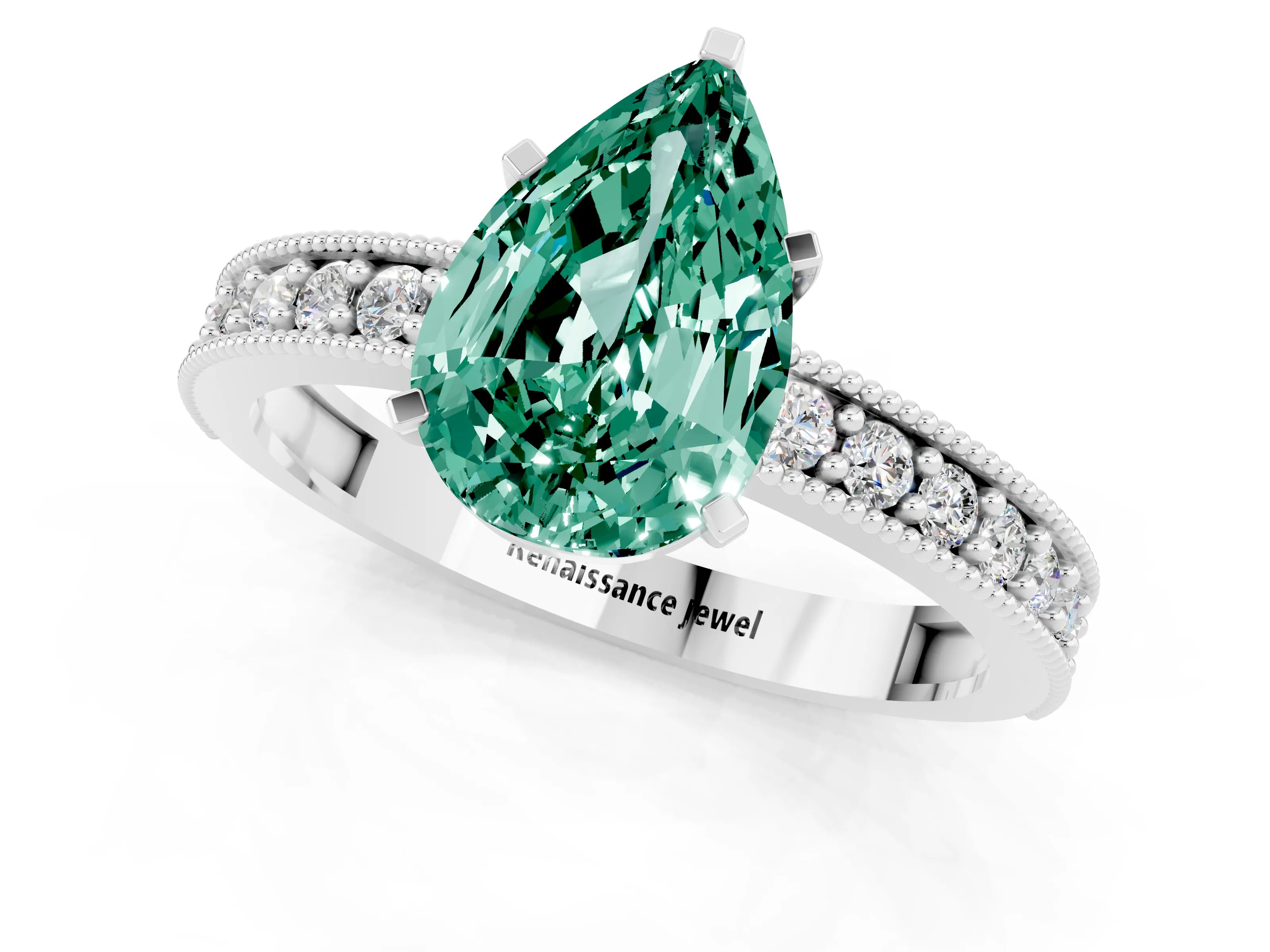 White gold Pear Cut Green Sapphire Milgrain Pavé Engagement Ring with Four-Prong Setting_1