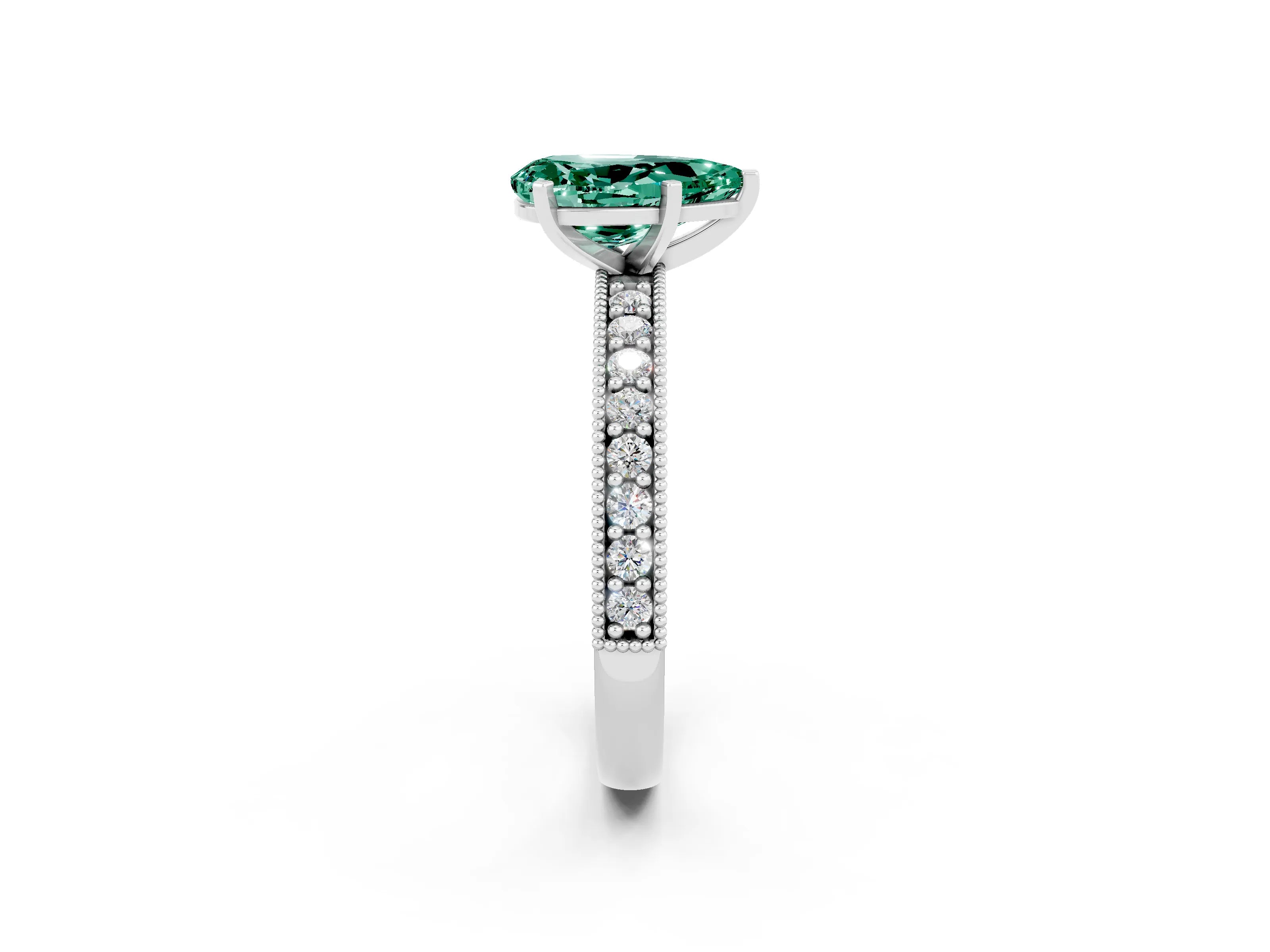 White gold Pear Cut Green Sapphire Milgrain Pavé Engagement Ring with Four-Prong Setting_2