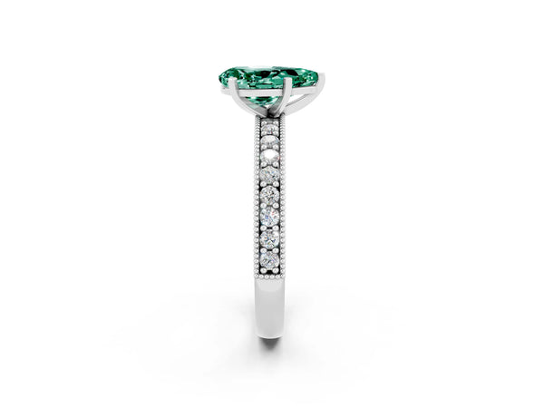 White gold Pear Cut Green Sapphire Milgrain Pavé Engagement Ring with Four-Prong Setting