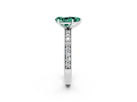 White gold Pear Cut Green Sapphire Milgrain Pavé Engagement Ring with Four-Prong Setting_2