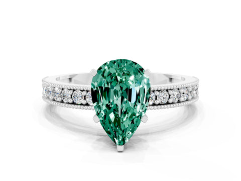 White gold Pear Cut Green Sapphire Milgrain Pavé Engagement Ring with Four-Prong Setting