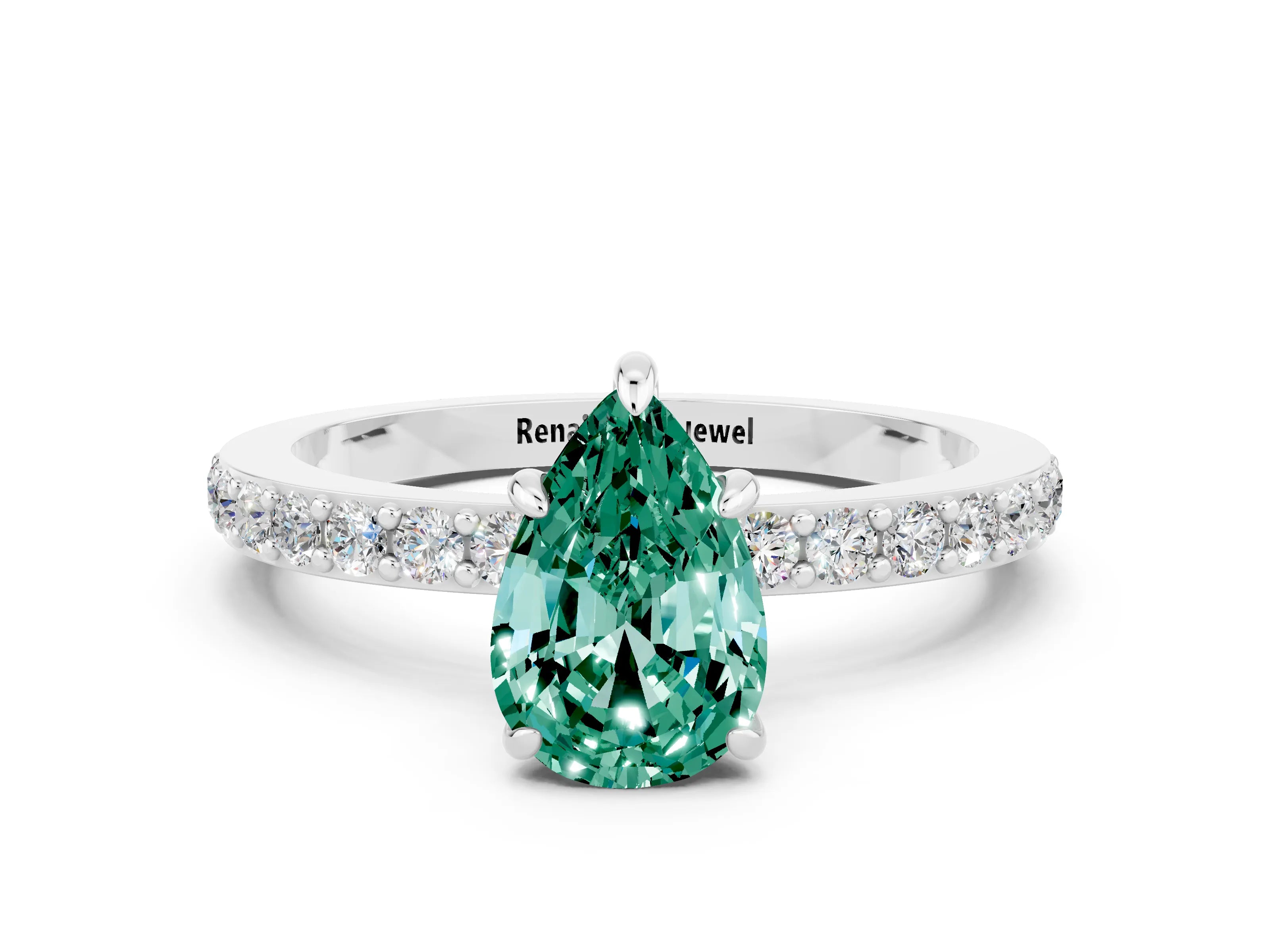White gold Pear Cut Green Sapphire Pavé Engagement Ring with Round  Accents and Prong Setting_24