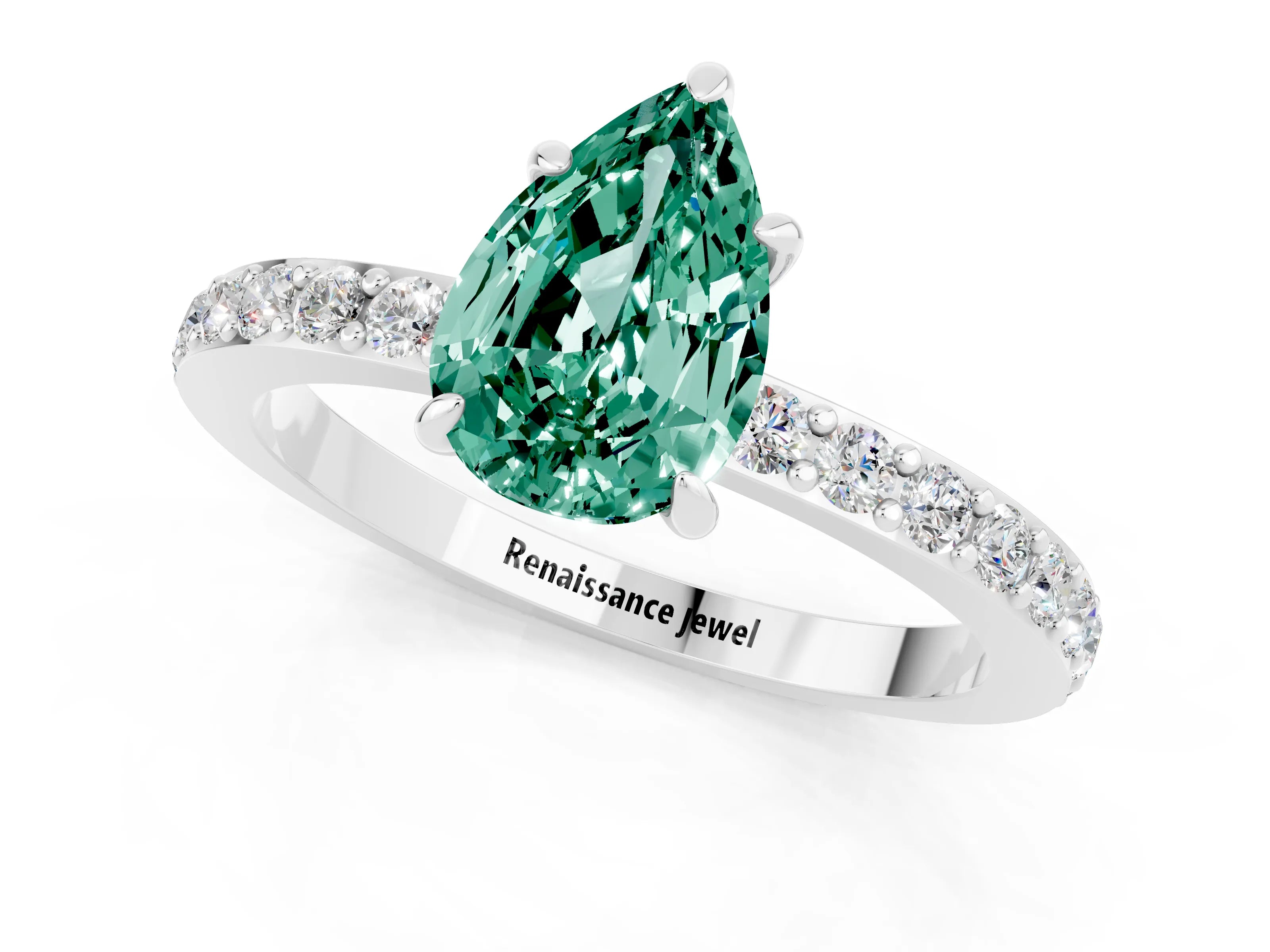 White gold Pear Cut Green Sapphire Pavé Engagement Ring with Round  Accents and Prong Setting_25