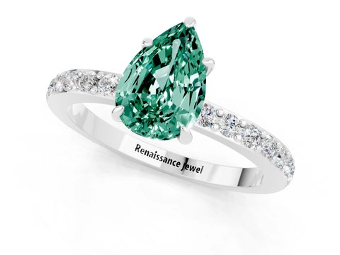 White gold Pear Cut Green Sapphire Pavé Engagement Ring with Round  Accents and Prong Setting_25