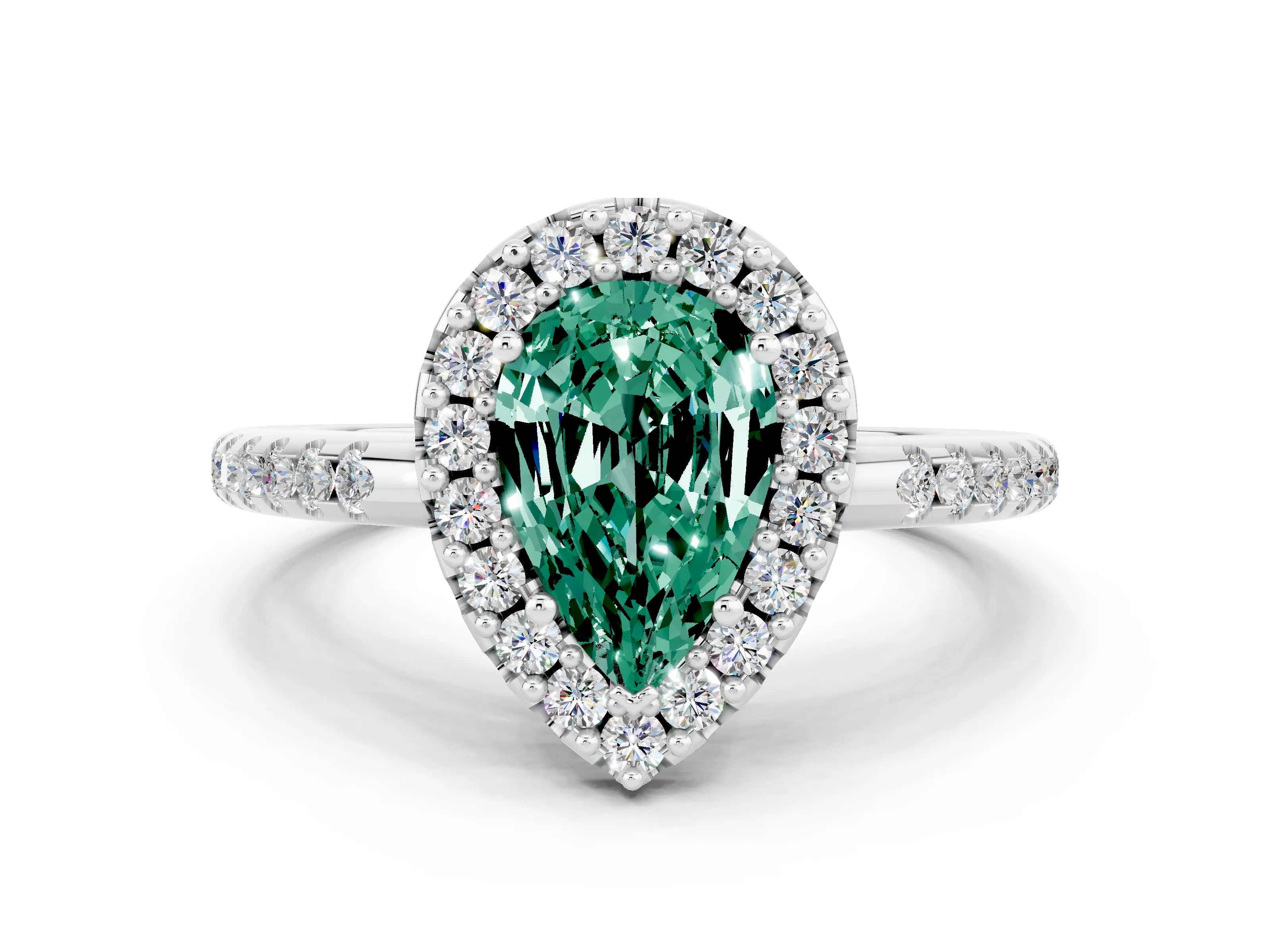 White gold Pear Cut Green Sapphire Pavé Halo Ring with Four-Prong Setting_12