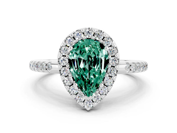 Platinum Pear Cut Green Sapphire Pavé Halo Ring with Four-Prong Setting