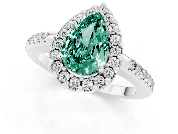 Silver Pear Cut Green Sapphire Pavé Halo Ring with Four-Prong Setting