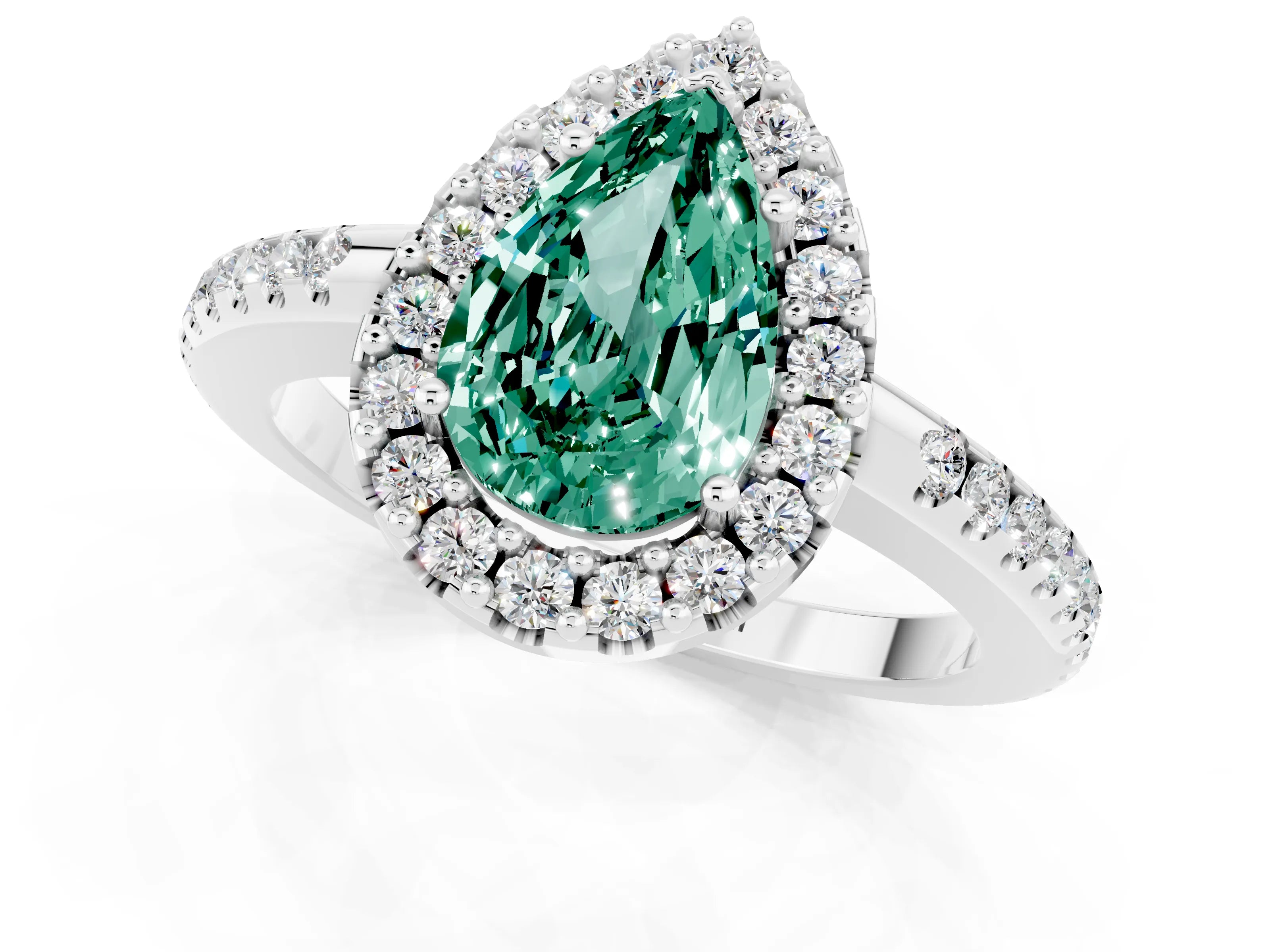 White gold Pear Cut Green Sapphire Pavé Halo Ring with Four-Prong Setting_13
