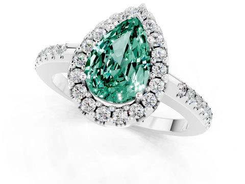 White gold Pear Cut Green Sapphire Pavé Halo Ring with Four-Prong Setting_13