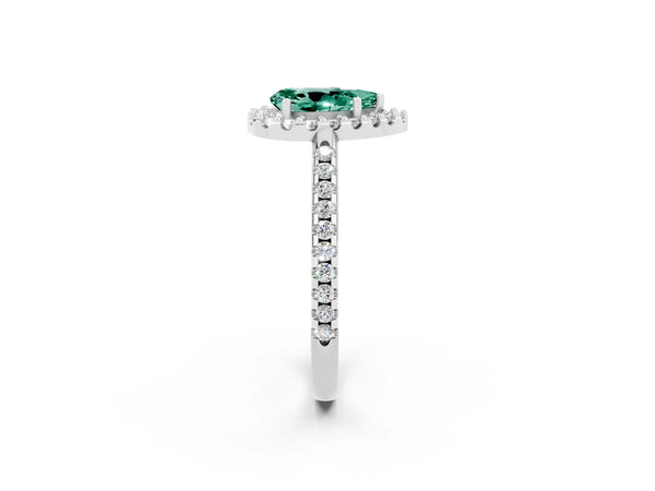 White gold Pear Cut Green Sapphire Pavé Halo Ring with Four-Prong Setting
