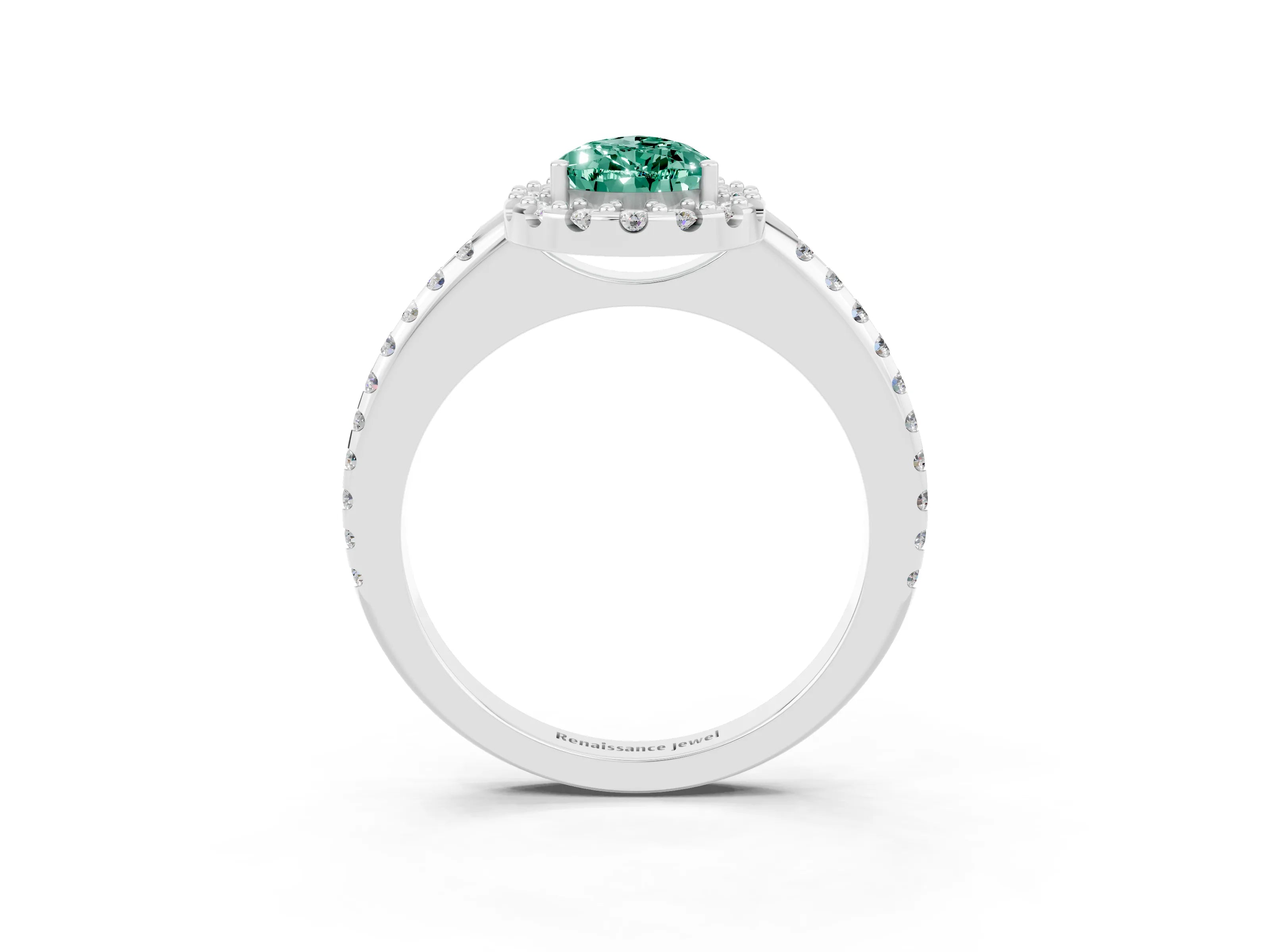 White gold Pear Cut Green Sapphire Pavé Halo Ring with Four-Prong Setting_15