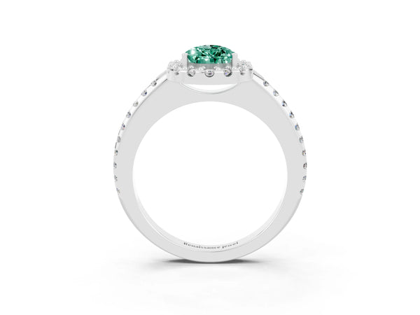White gold Pear Cut Green Sapphire Pavé Halo Ring with Four-Prong Setting
