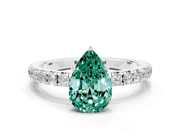 Platinum Pear Cut Green Sapphire Pavé Solitaire Engagement Ring with Four-Prong Setting