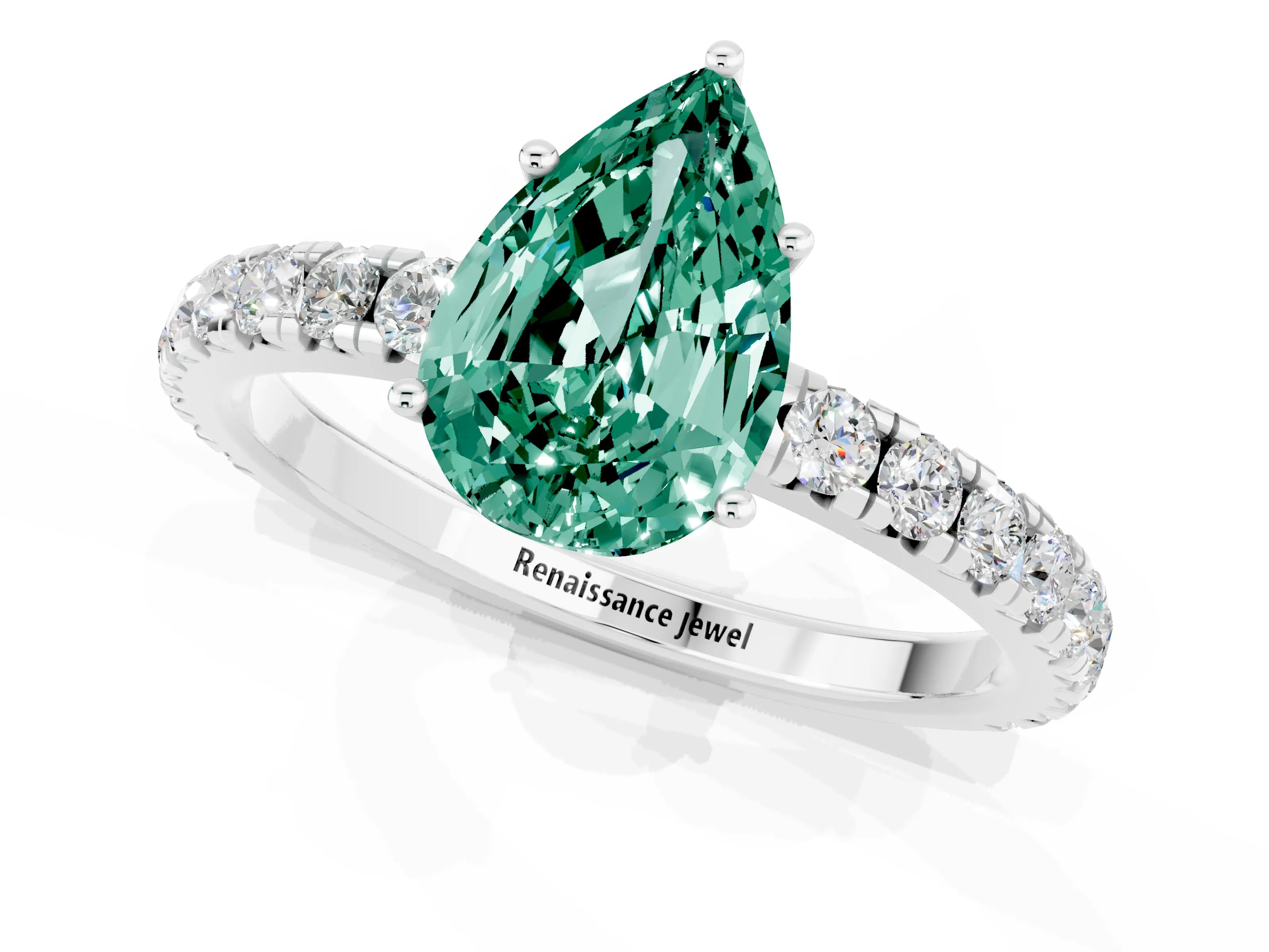 White gold Pear Cut Green Sapphire Pavé Solitaire Engagement Ring with Four-Prong Setting_13