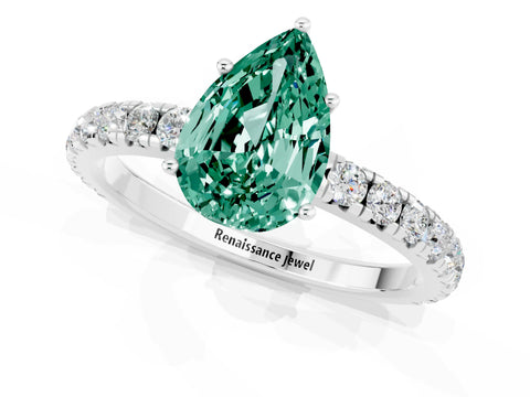 White gold Pear Cut Green Sapphire Pavé Solitaire Engagement Ring with Four-Prong Setting_13