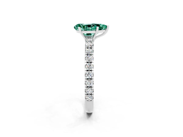 Silver Pear Cut Green Sapphire Pavé Solitaire Engagement Ring with Four-Prong Setting