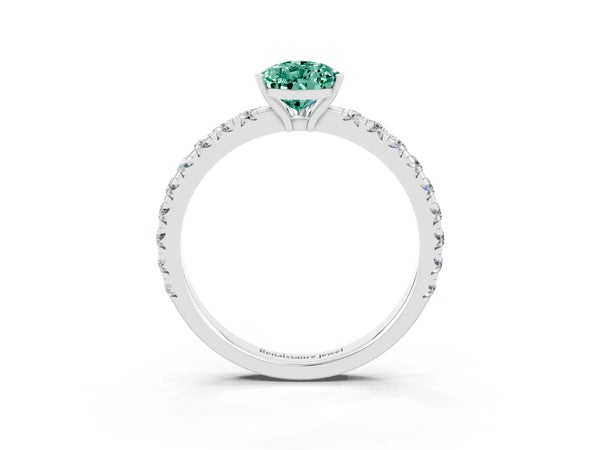 White gold Pear Cut Green Sapphire Pavé Solitaire Engagement Ring with Four-Prong Setting