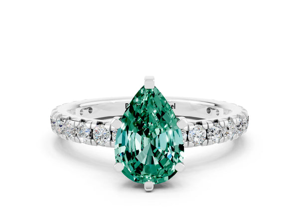 Platinum Pear Cut Green Sapphire Pavé Solitaire Ring with Round Band and Prong Setting