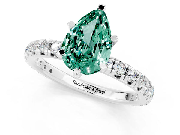 Platinum Pear Cut Green Sapphire Pavé Solitaire Ring with Round Band and Prong Setting