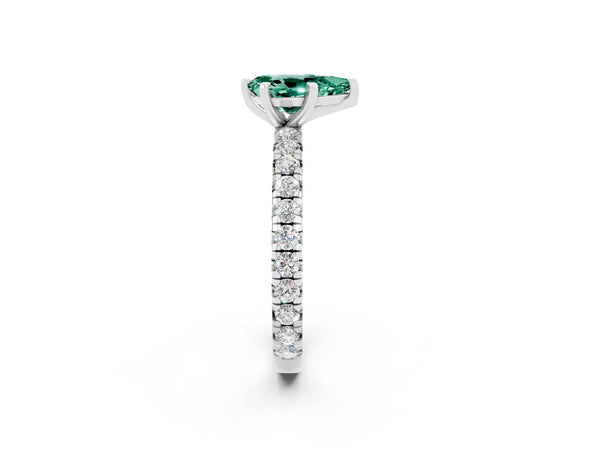 White gold Pear Cut Green Sapphire Pavé Solitaire Ring with Round Band and Prong Setting